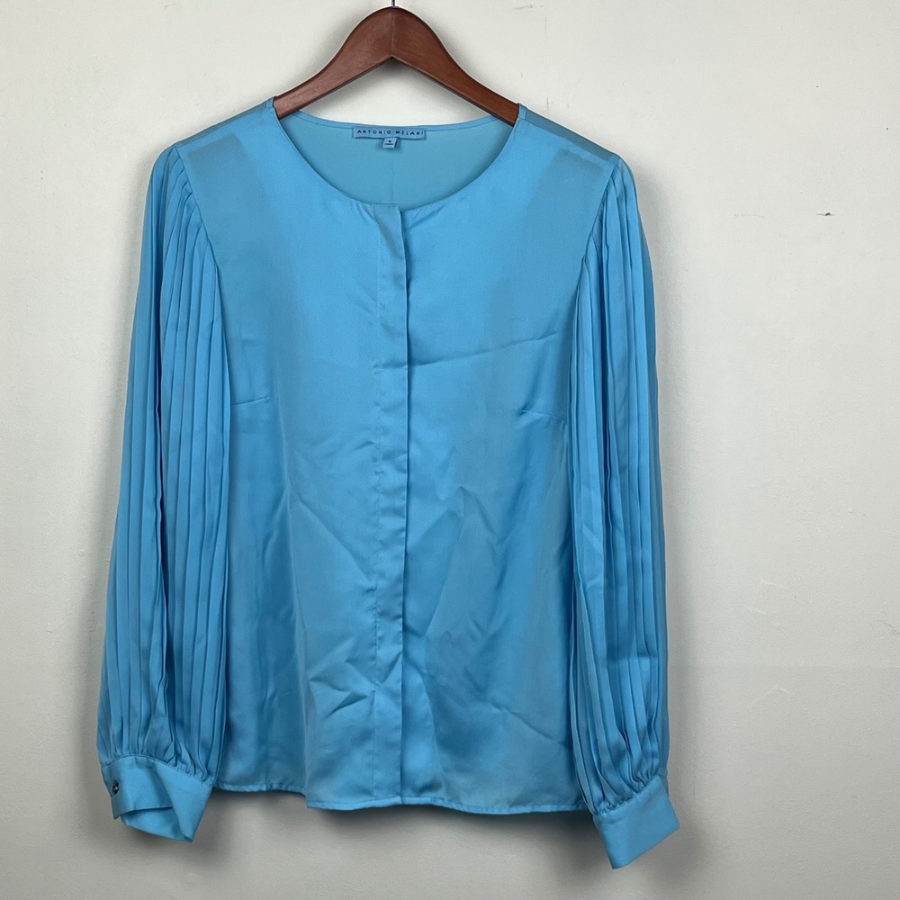 Antonio Melani Pleated Sleeve Blouse Small Blue Corporate Chic Minimalist